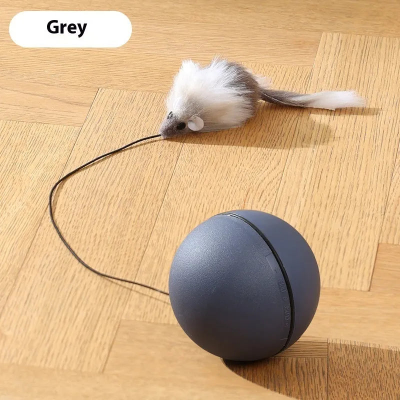 Automatic cat teasing ball with plush mouse attachment in blue orange and dark grey colours