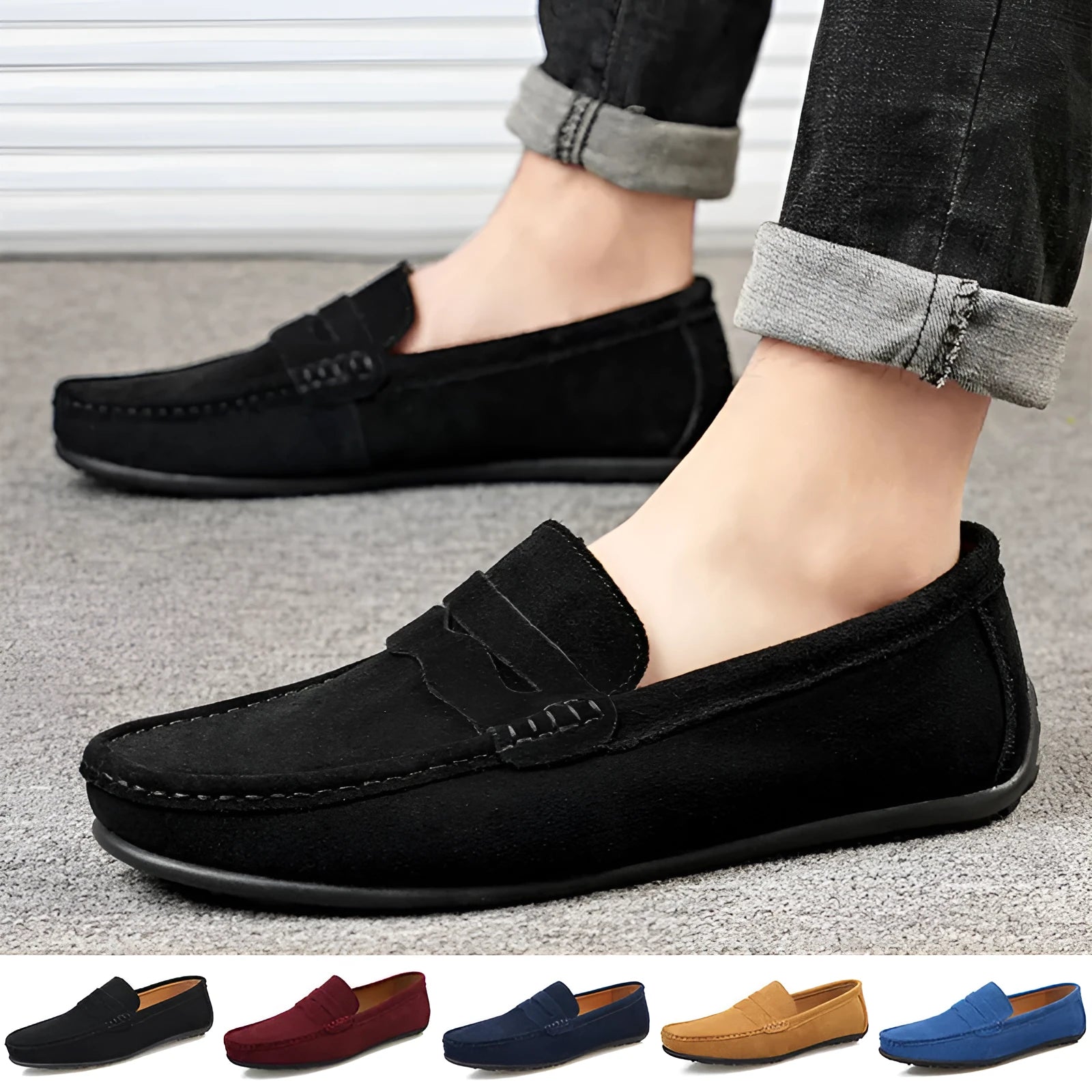 Men's solid colour suede slip-on loafers with a round toe and flat rubber sole.