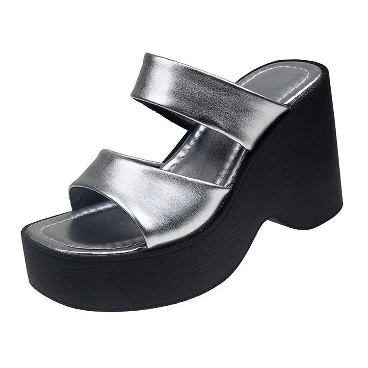 Metallic wedge platform slippers for women with square toe and PU leather upper
