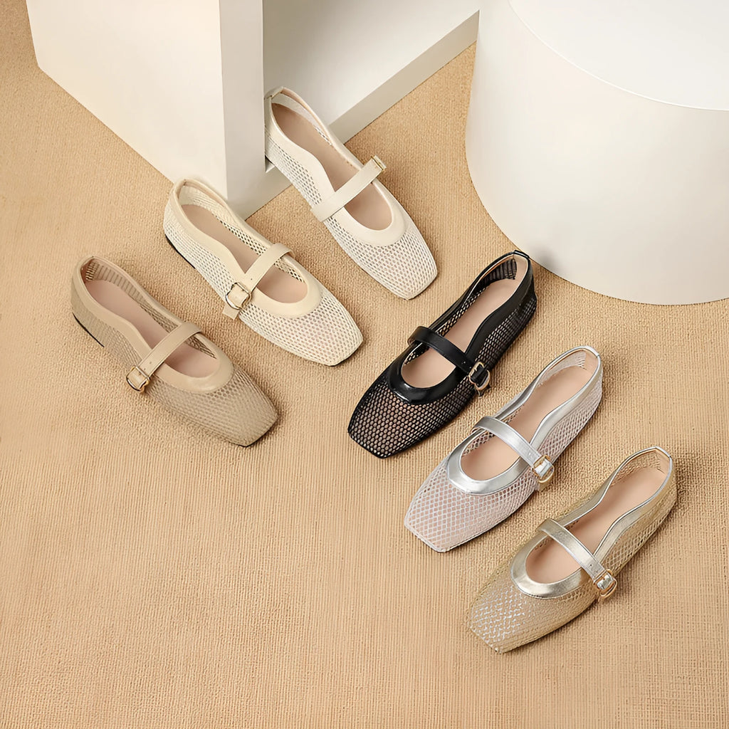 Women's beige mesh breathable pumps with a buckle fastening and square toe.