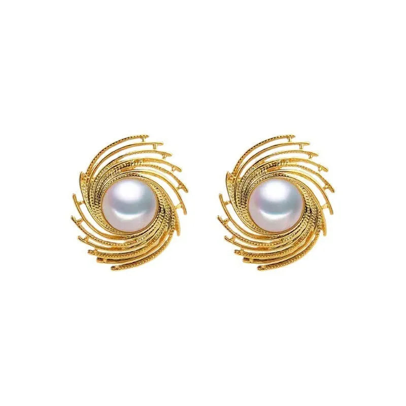 Women's vintage flower earrings with exaggerated pearl drops and gold-tone electroplated finish