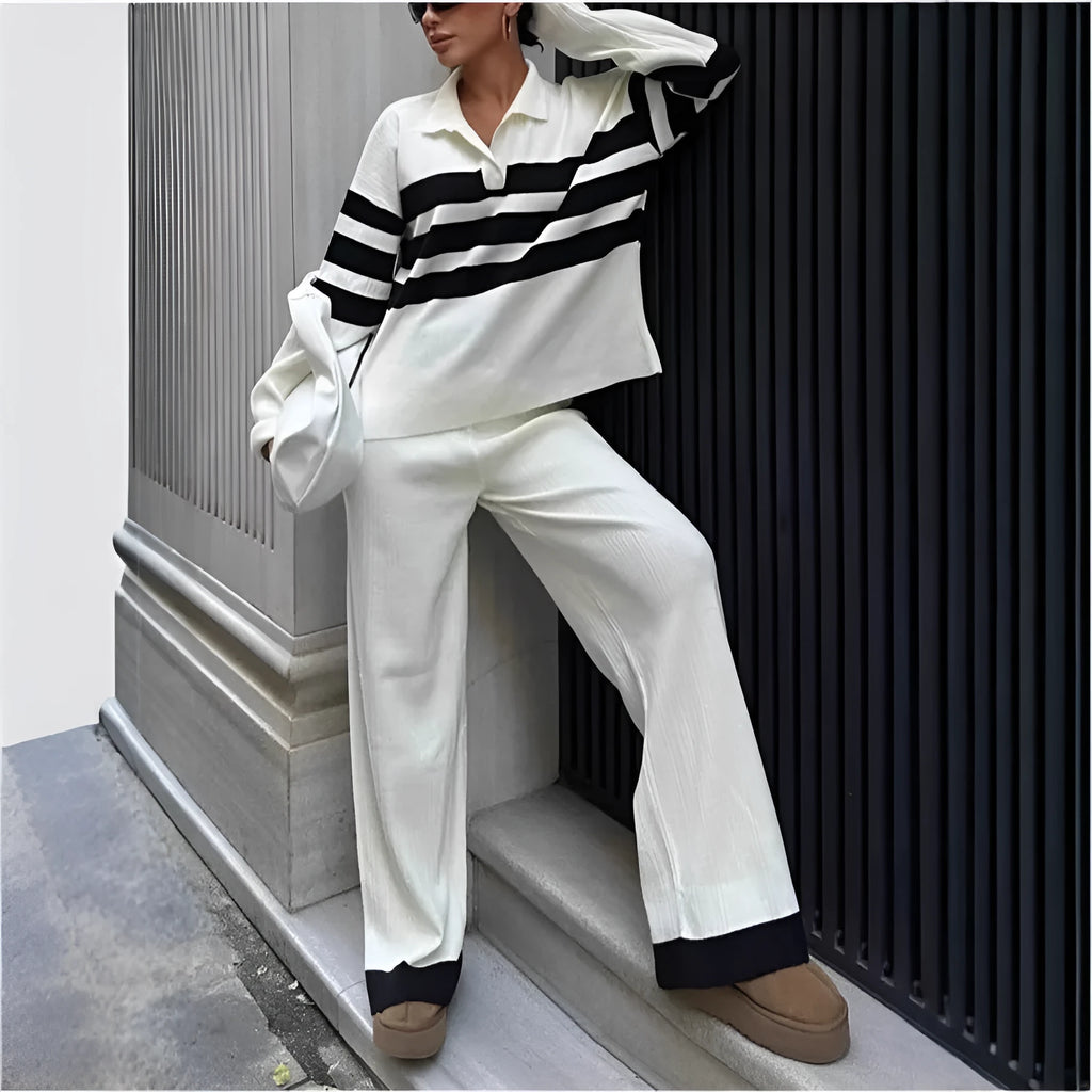 Women's black and white striped polo collar knitted two-piece set with trousers