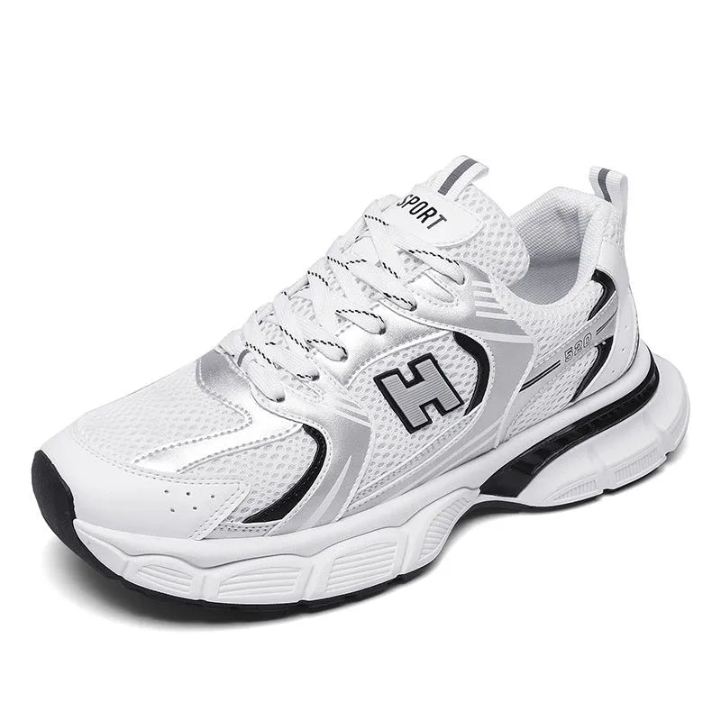 Men's mesh running shoes in three colour options showing round toe design and injection-moulded soles