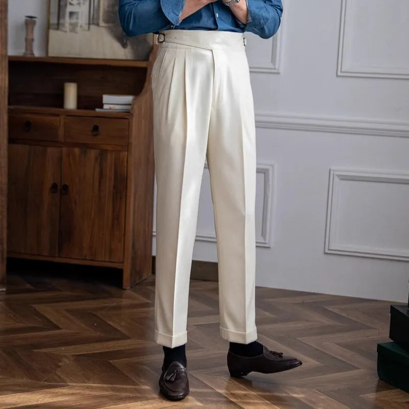 Men's high waist straight leg casual trousers in polyester fabric, shown in black colour.