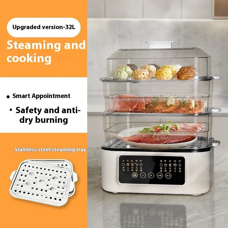 Stainless steel electric steamer with automatic water measuring and 10L capacity