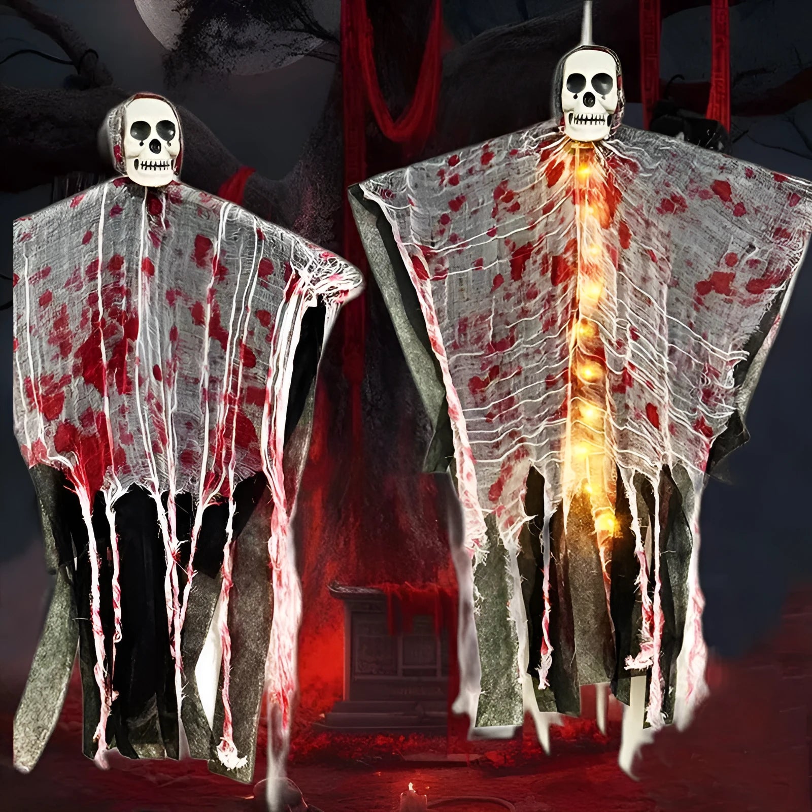 Halloween decoration showing a luminous blood-dyed plastic skull with a hanging ghost outdoor ornament