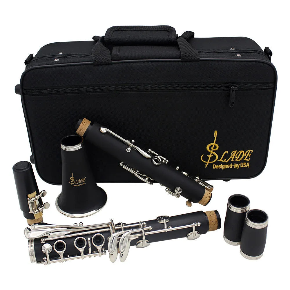 Black Bakelite clarinet with 17 nickel-plated keys and carrying bag