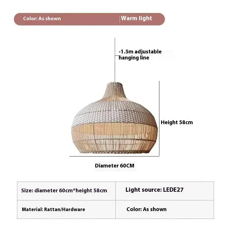 Woven rattan chandelier with a 60cm diameter, pastoral Southeast Asian style, for living room or homestay.