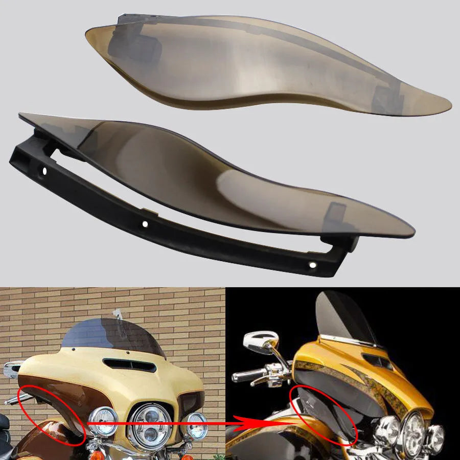 Smoked black ABS plastic side wings for Harley touring motorcycle wind protection modification