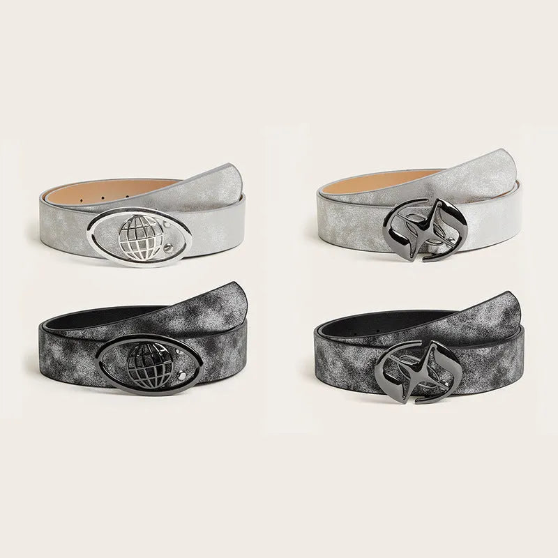 Women's thick retro belt with oval alloy buckle in PU leather, earth style grey white colour