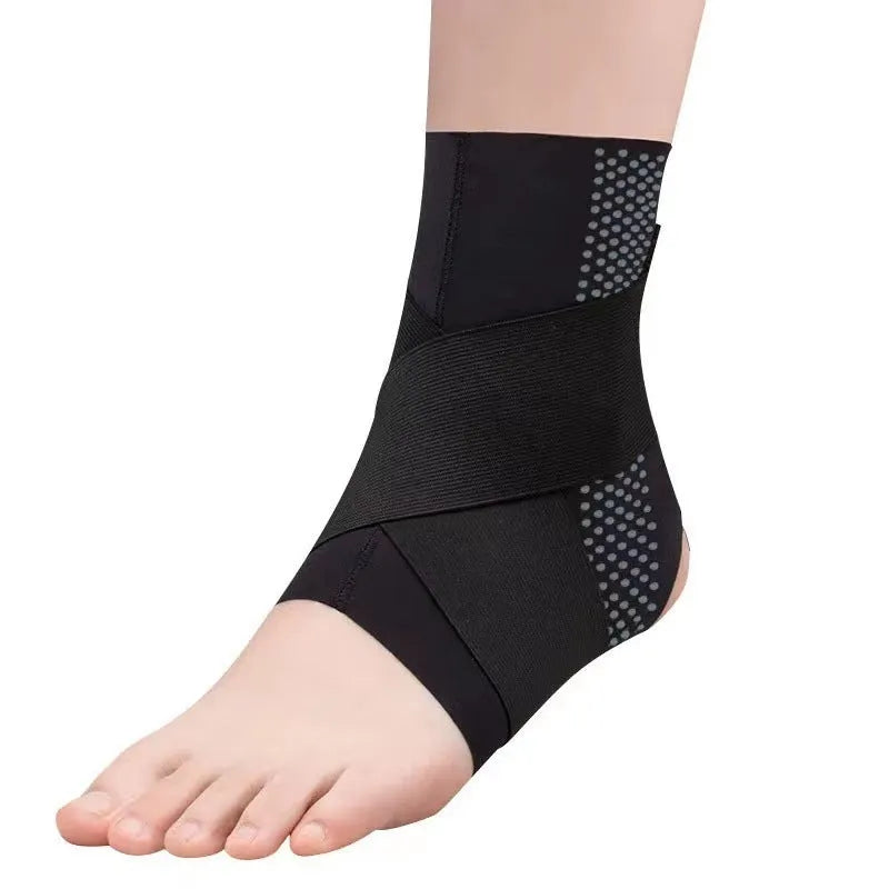 Black Lycra ankle support protector worn on an adult foot.