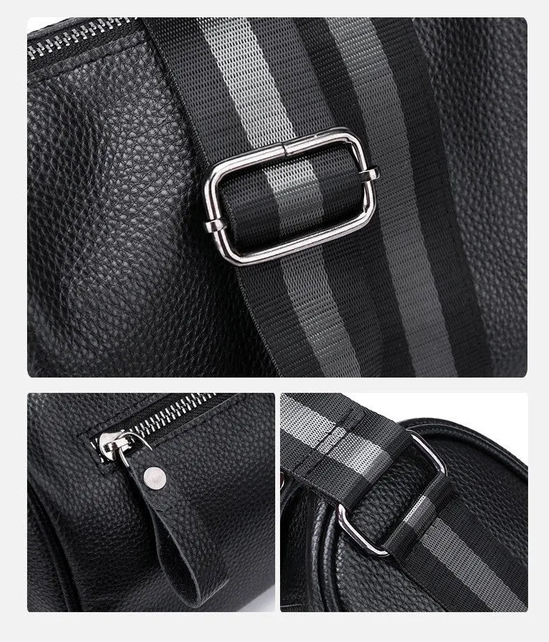 Black genuine leather one-shoulder crossbody bag showing front view and adjustable strap.