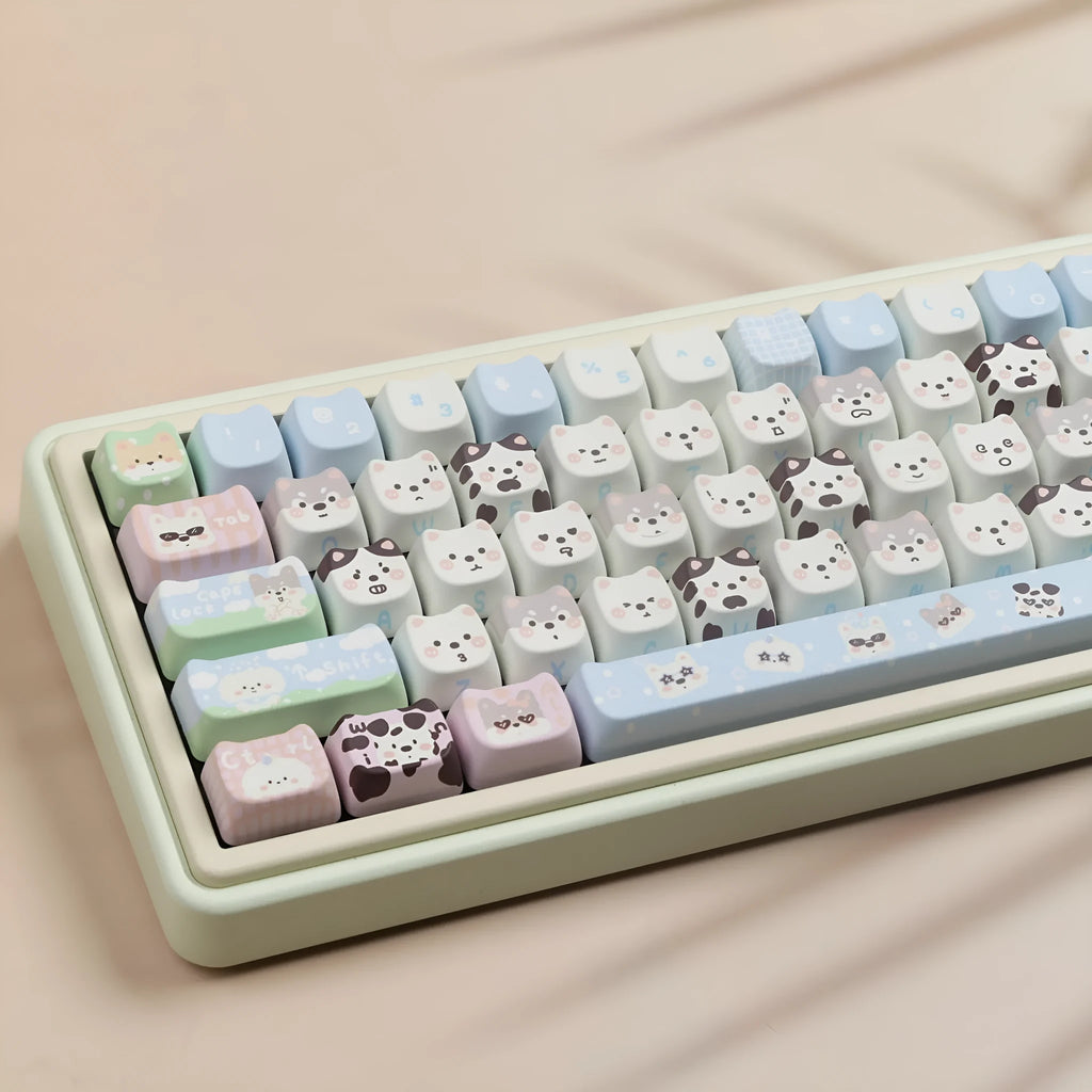 PBT key cap set with colourful cat and puppy anime artwork for mechanical keyboards