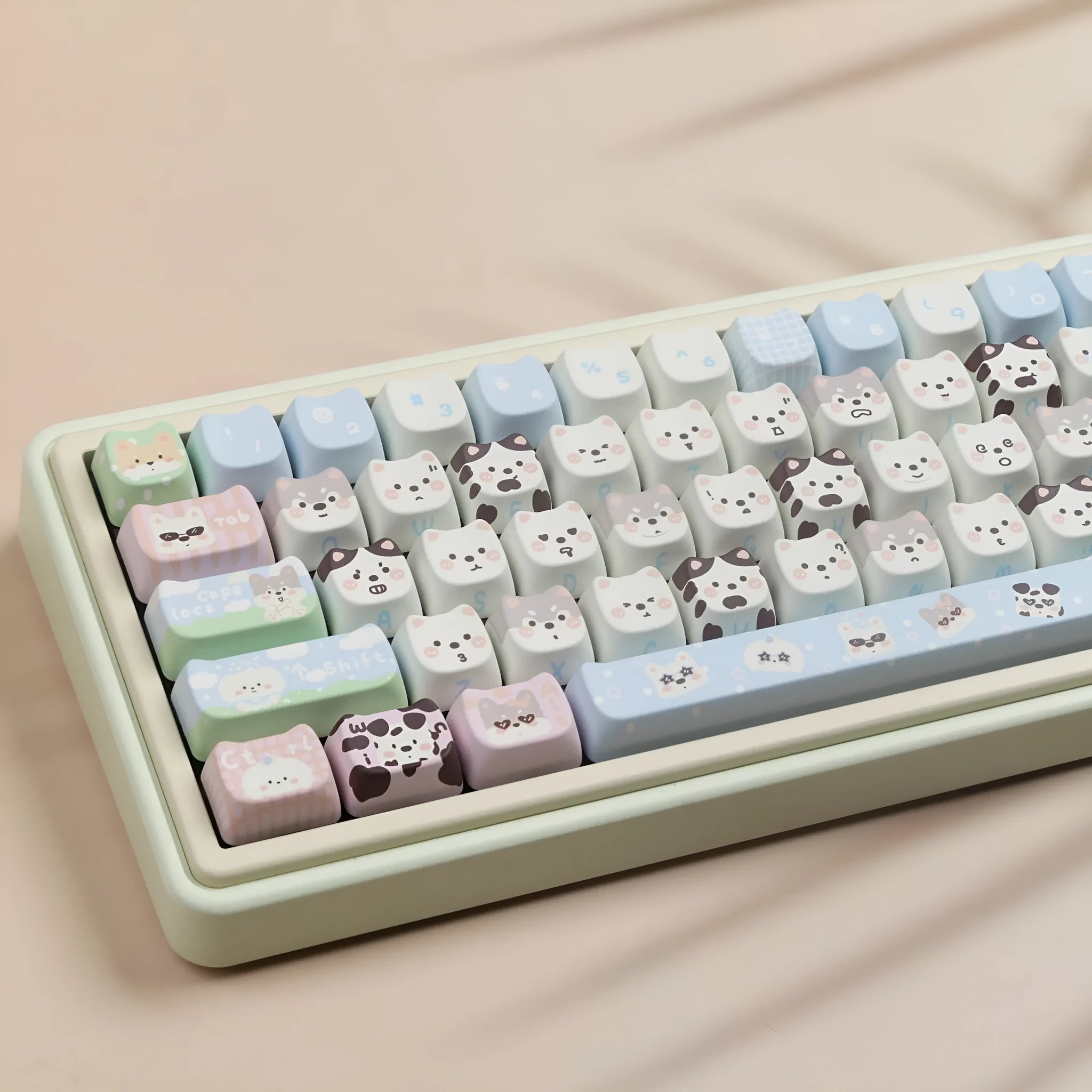 PBT key cap set with colourful cat and puppy anime artwork for mechanical keyboards