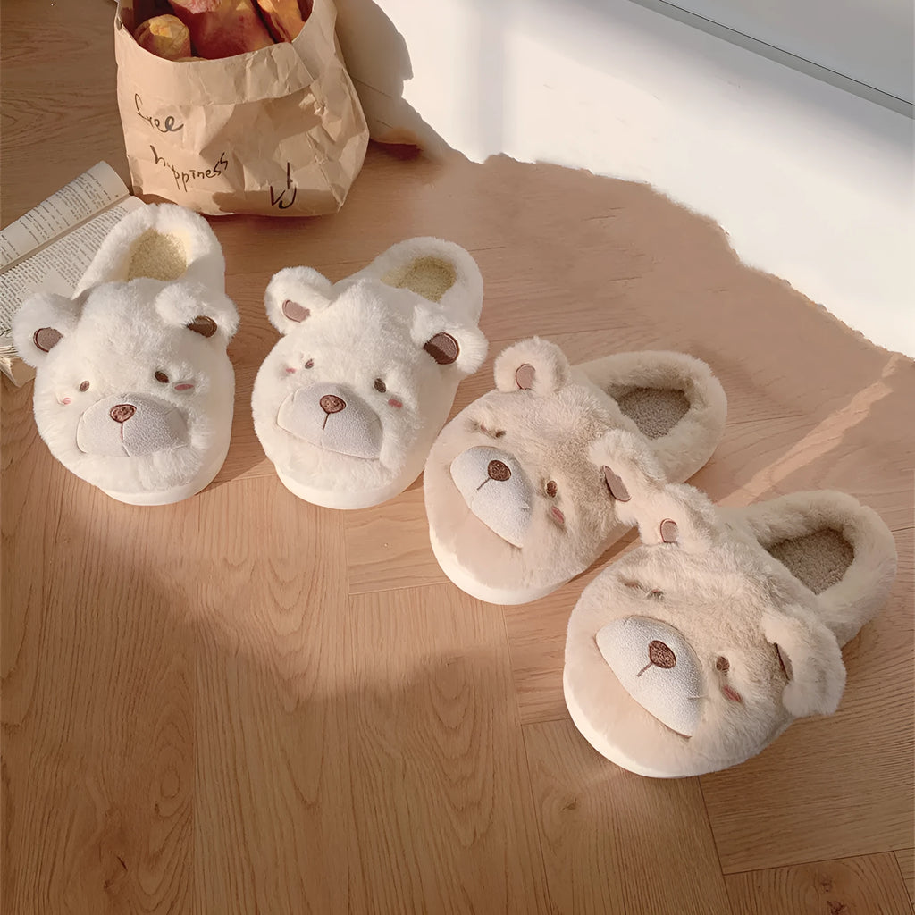 Womens cartoon pattern suede plush slippers with round toe in milky white colour