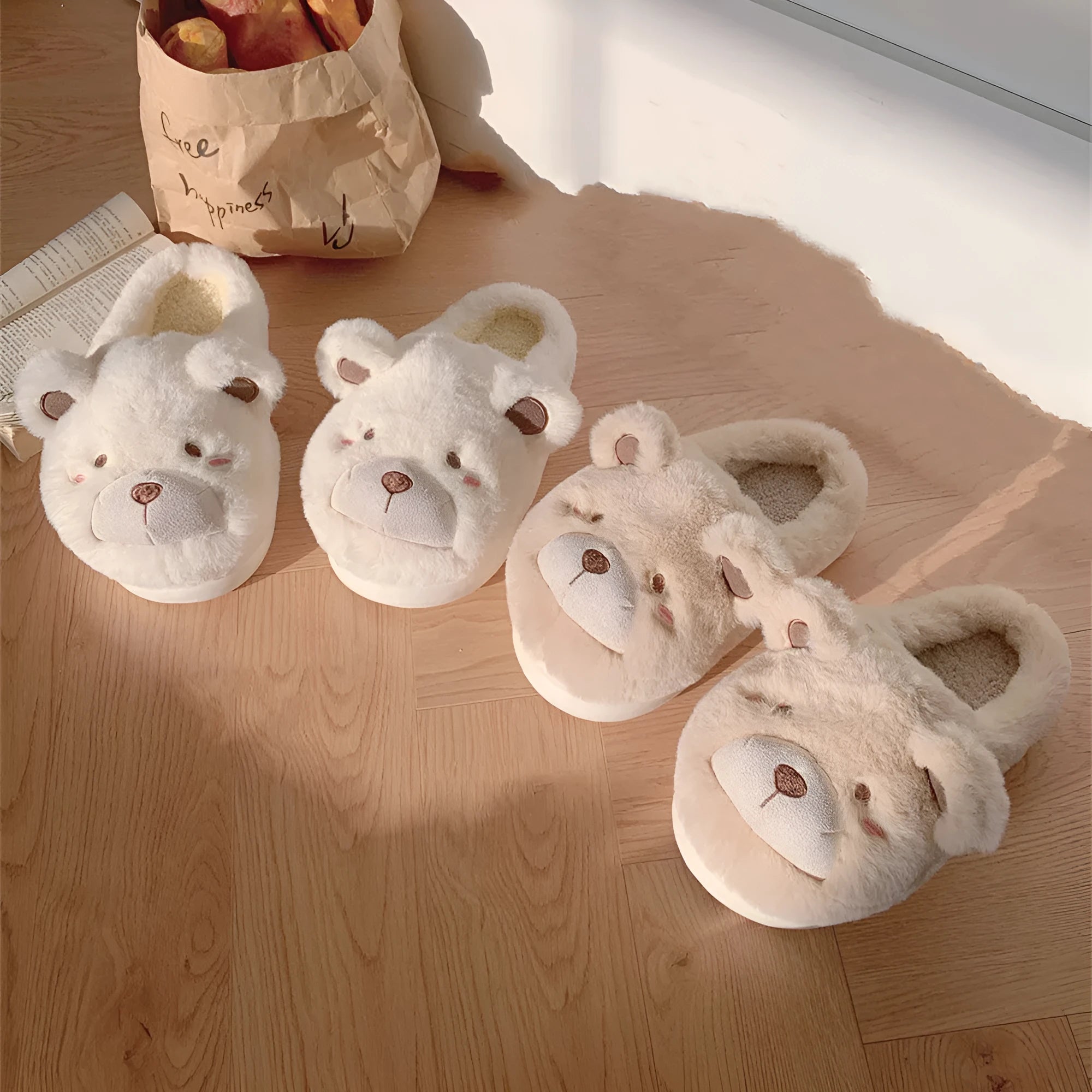 Womens cartoon pattern suede plush slippers with round toe in milky white colour