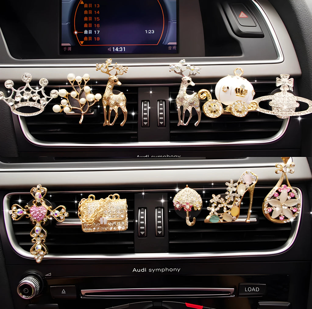 Alloy car air vent fragrance clip in a decorative handbag style.