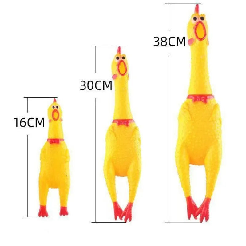 Yellow rubber screaming chicken dog squeak toy showing three size options