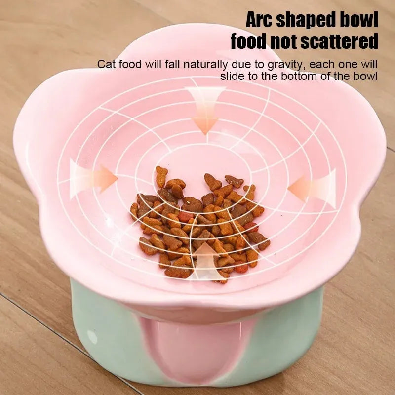 Blue ceramic pet bowl with floral pattern and elevated non-slip design for cats and small dogs