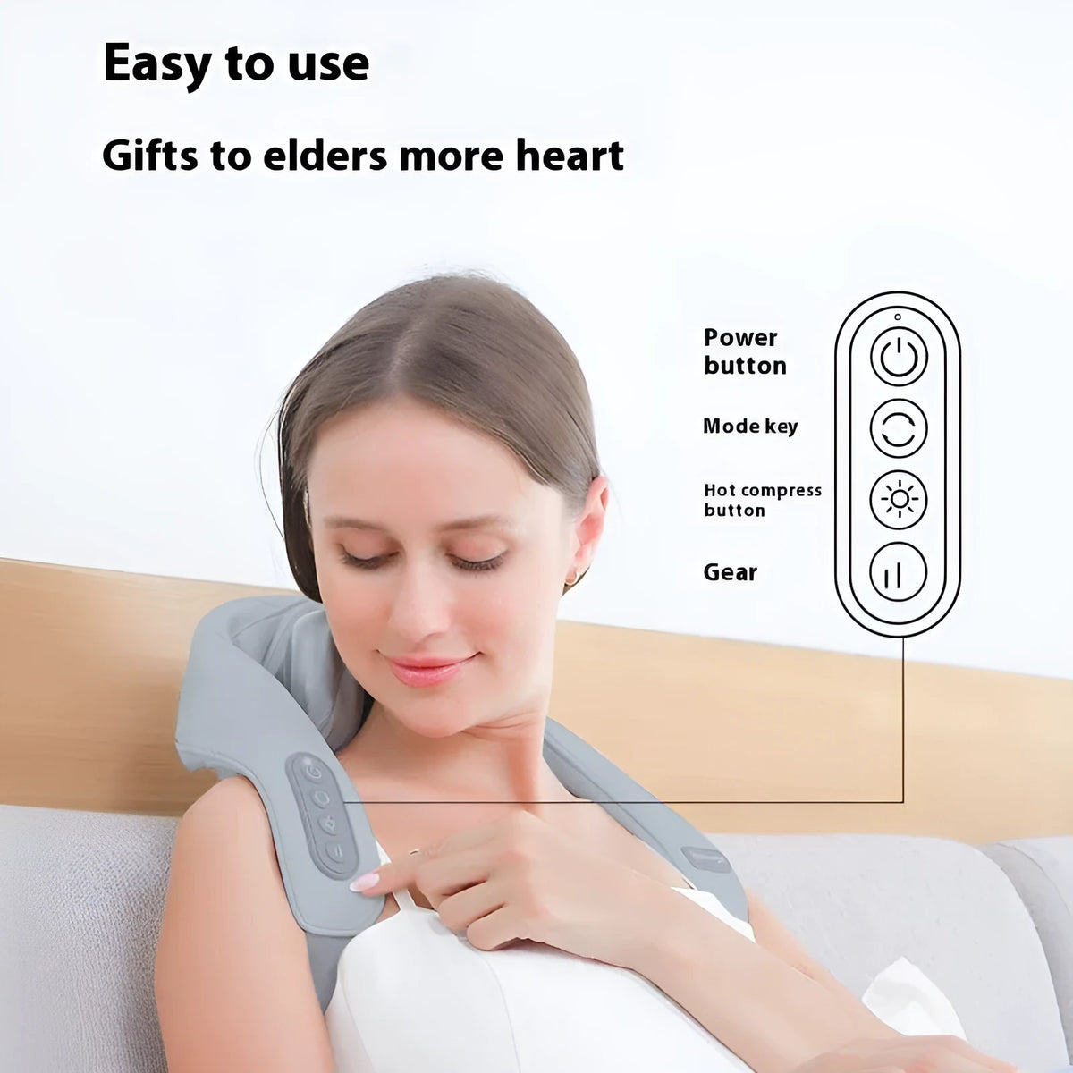 Grey elastic fabric USB neck and back massage instrument with infrared function.