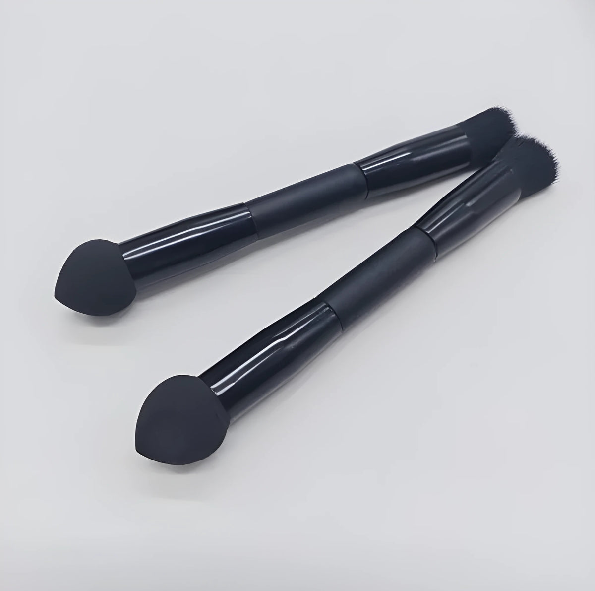 Elegant black double-headed miter sponge concealer brush with wooden handle and artificial fibre bristles