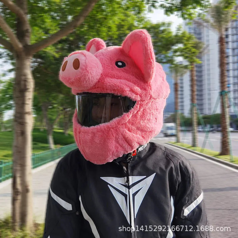 Pink pig cartoon plush hood cover for a motorcycle helmet made from pv velvet cloth.