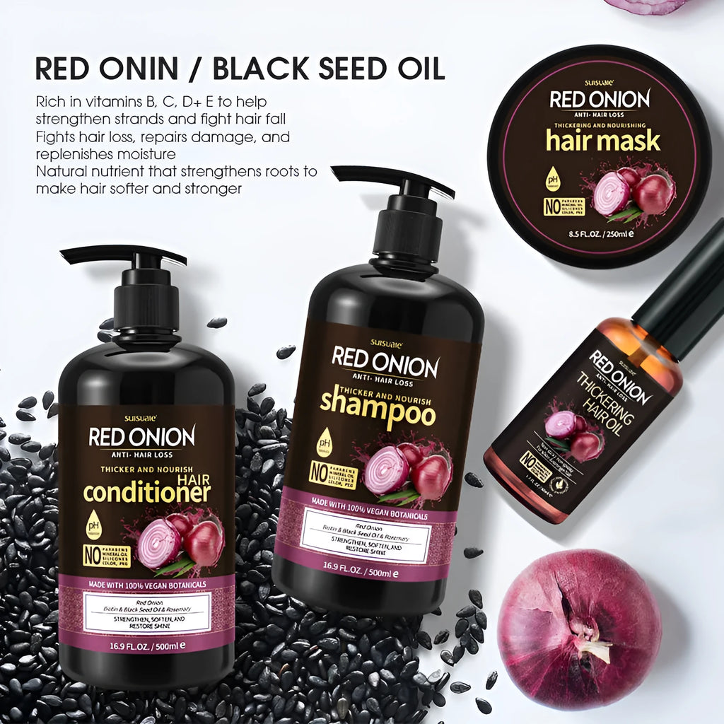 Red onion shampoo and conditioner full set with four bottles: shampoo, conditioner, hair mask and essential oil.