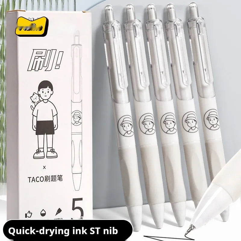 Five white and black 0.5mm ballpoint pens with quick-drying black ink for student writing