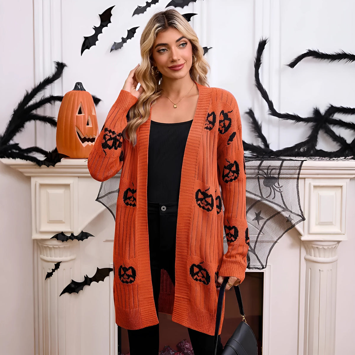 Women's black orange purple pumpkin head pattern jacquard knitted cardigan sweater