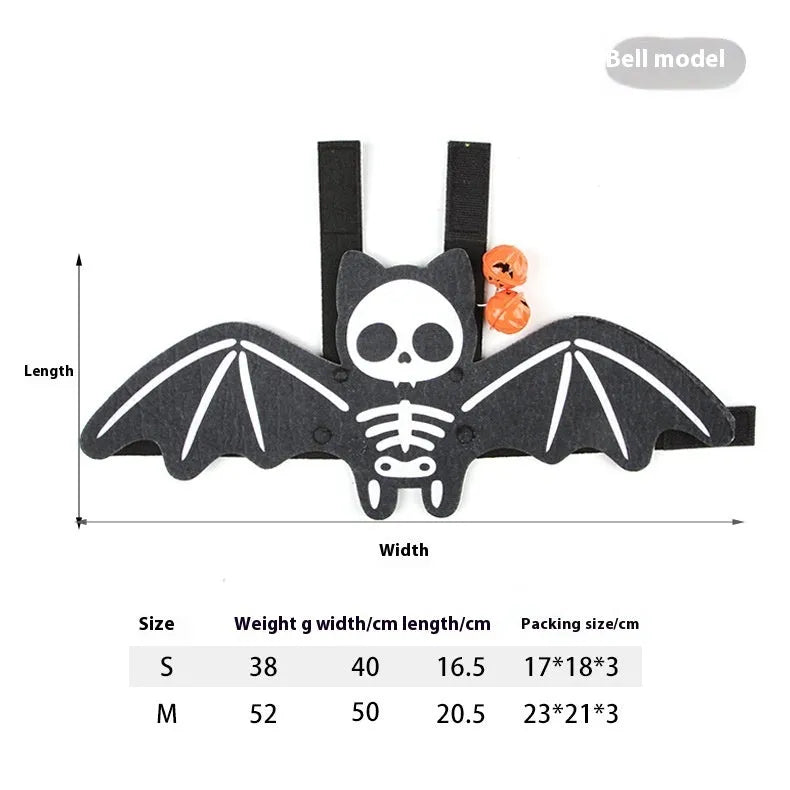 Halloween batwing costume on cat with soft felt construction and bell accessory