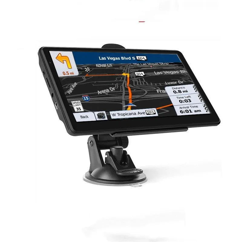 7-inch portable car GPS navigation device with touch screen showing maps, includes charger and mounting bracket