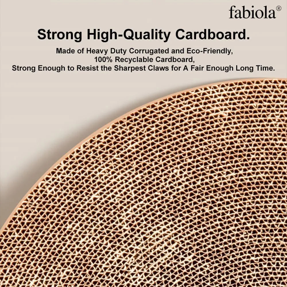 Large green circular cardboard cat scratching board with built-in track balls and a spring plush ball toy.