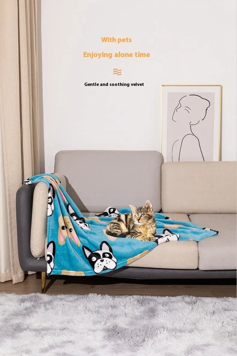 Cartoon print pet blanket in blue dog design showing double-sided thickened flannel construction