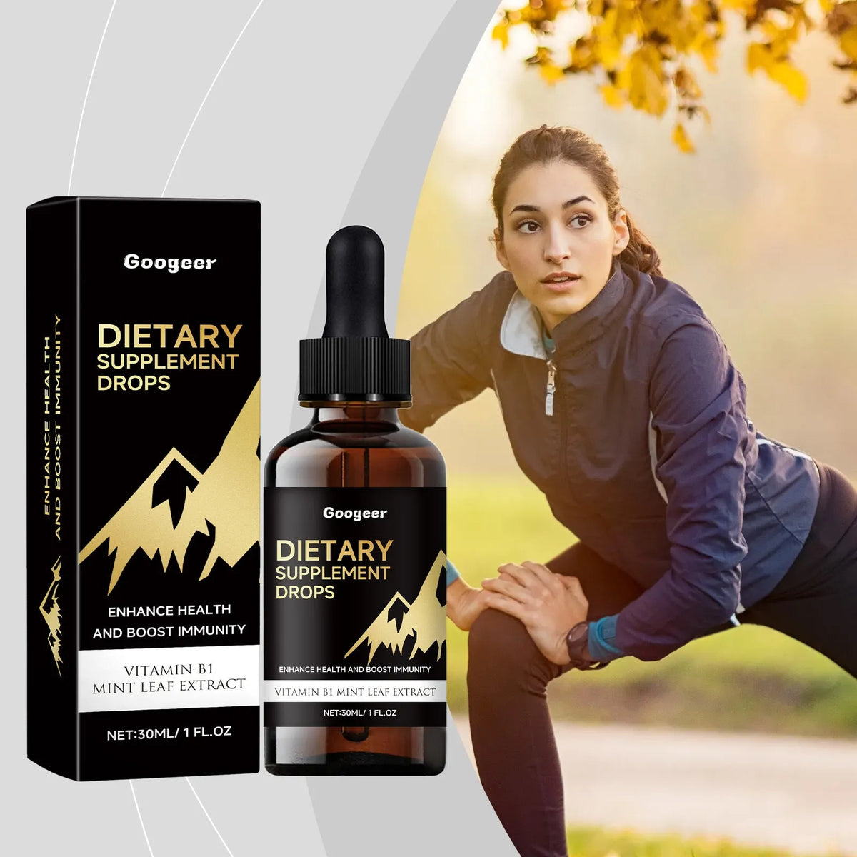 30ml bottle of vegan vitamin D dietary supplement drops with a built-in dropper.