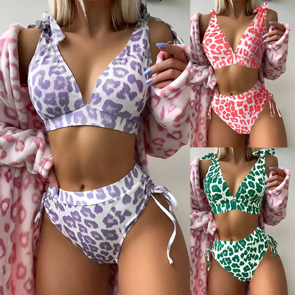 Women's purple leopard print sleeveless lace-up top with matching high-waist shorts