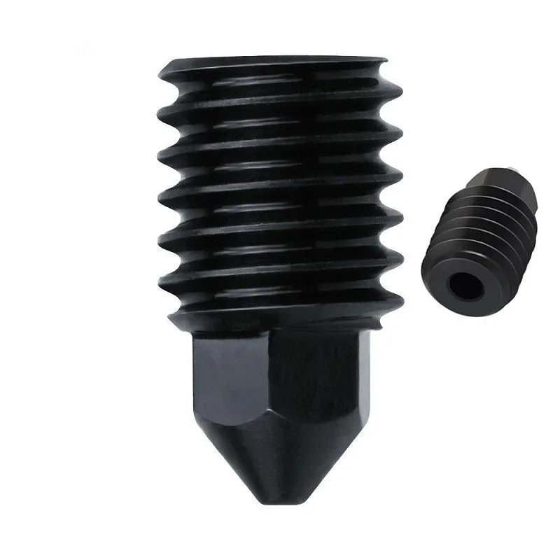 Bambu Lab A1 Mini 3D printer hot end replacement kit with four hardened steel nozzles and a black silicone sleeve.