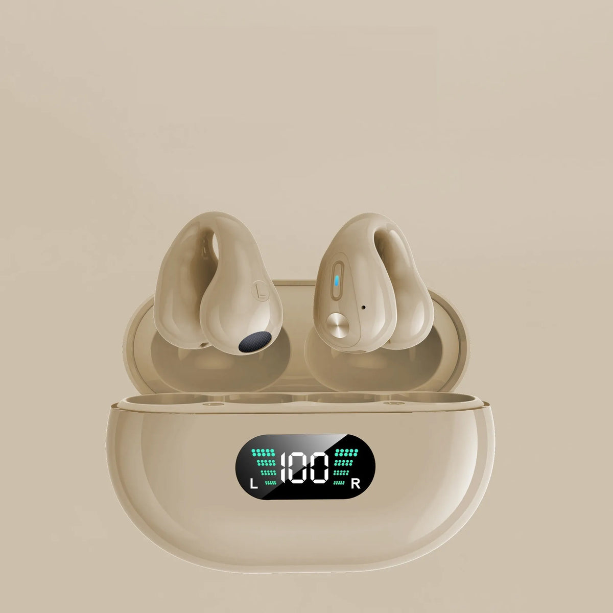 Bone conduction Bluetooth ear clip headset in black, white, or khaki colours showing ear clip design