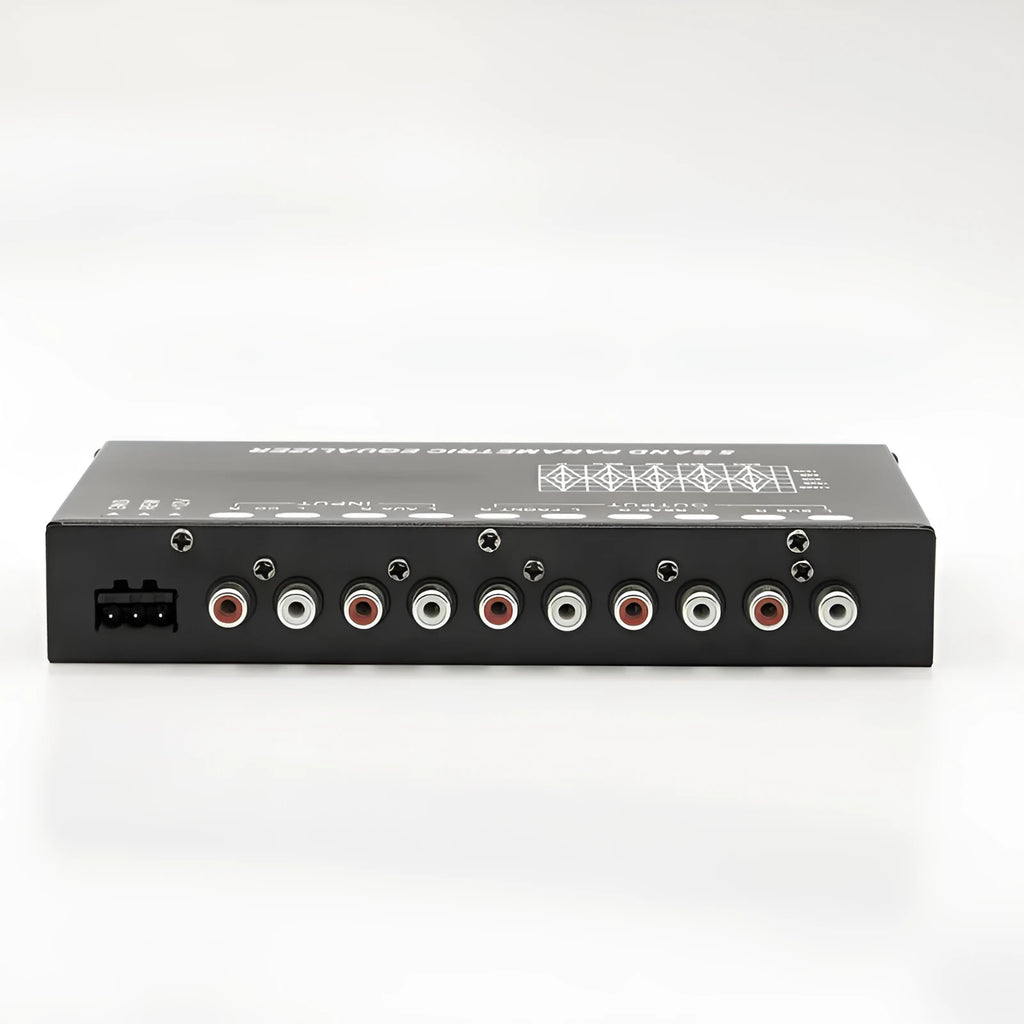 Black car audio EQ tuning body with 6-channel output and 7-band frequency controls for subwoofers