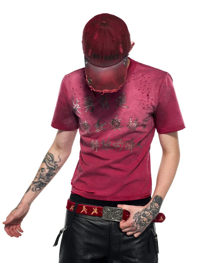 Red men's slim fit T-shirt with distressed texture and short sleeves