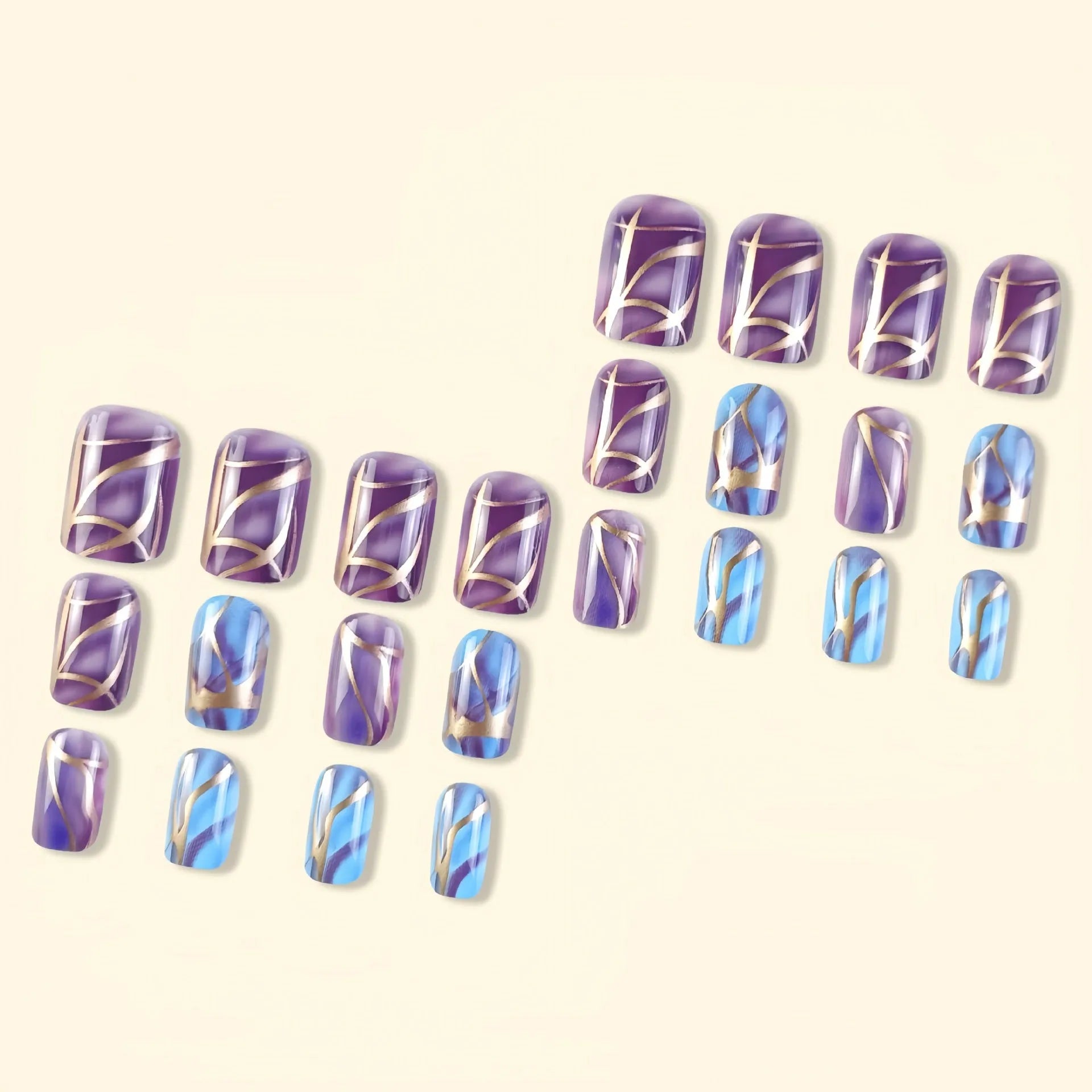 Mid-length nail stickers with purple stripes and glitter designs in European and American style