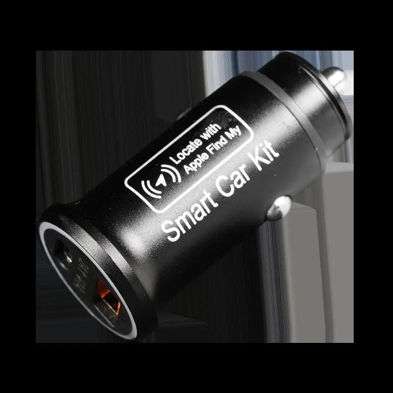 Black GPS car locator device with 12V charger plug for vehicle tracking applications