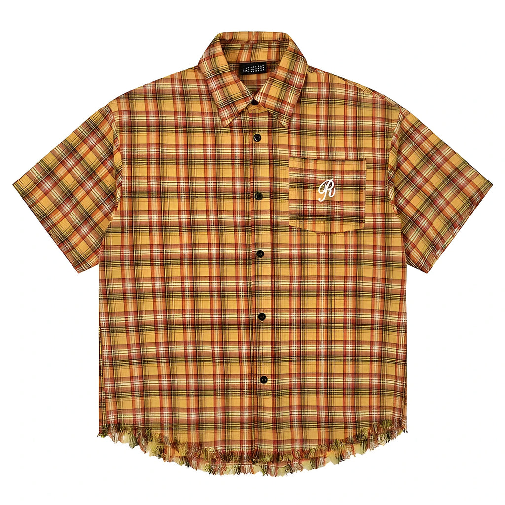 Yellow and white check short sleeve shirt with an embroidered chest pocket on a loose fit.