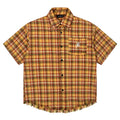 Yellow and white check short sleeve shirt with an embroidered chest pocket on a loose fit.