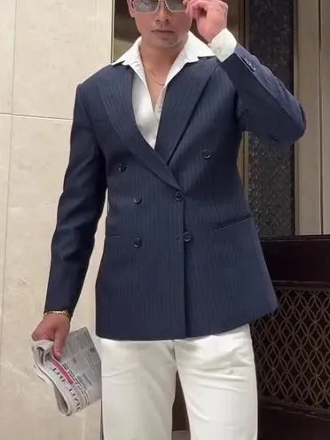 Men's striped double breasted blazer in polyester fabric with regular fit