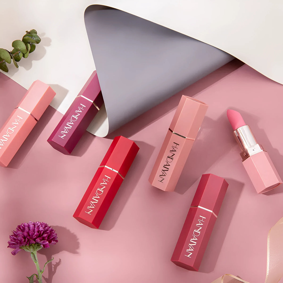 HANDAIYAN matte nourishing lipstick in six shades: peach, Barbie pink, nude, scarlet, umber, and plum