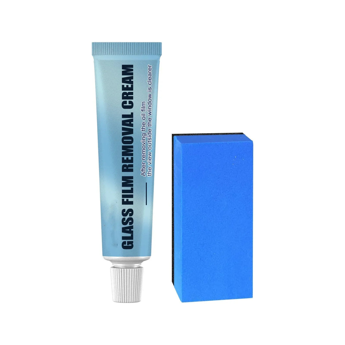 Blue car glass oil film remover bottle with separate sponge applicator for windshield cleaning