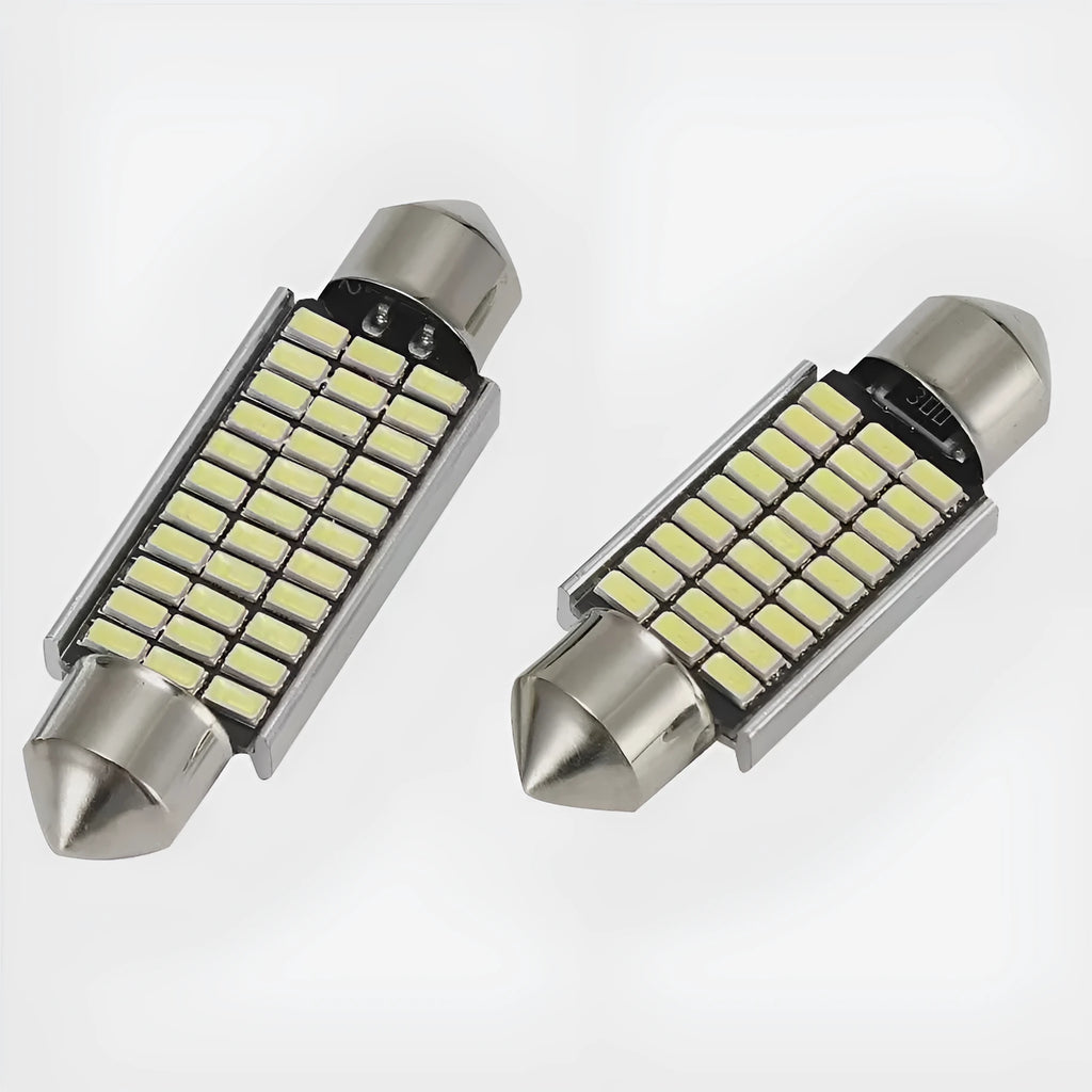 White aluminium car interior LED light with double tip design, shown with four size options.