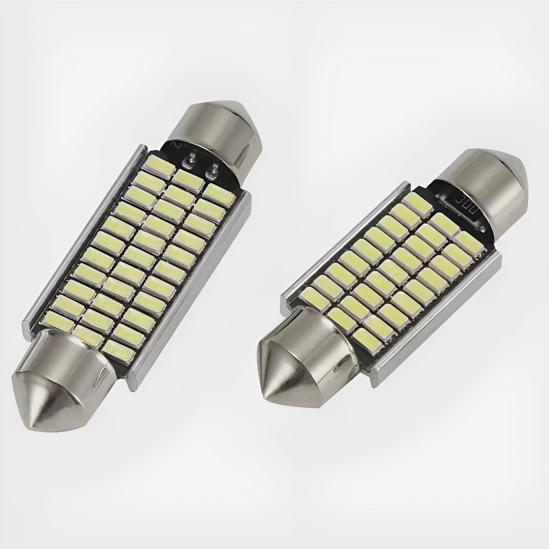 White aluminium car interior LED light with double tip design, shown with four size options.