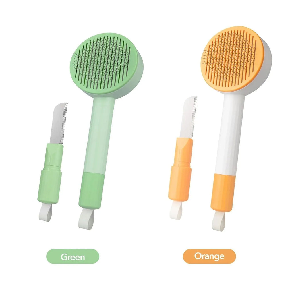 Green and yellow pet grooming brush with stainless steel deshedding teeth and hanging loop