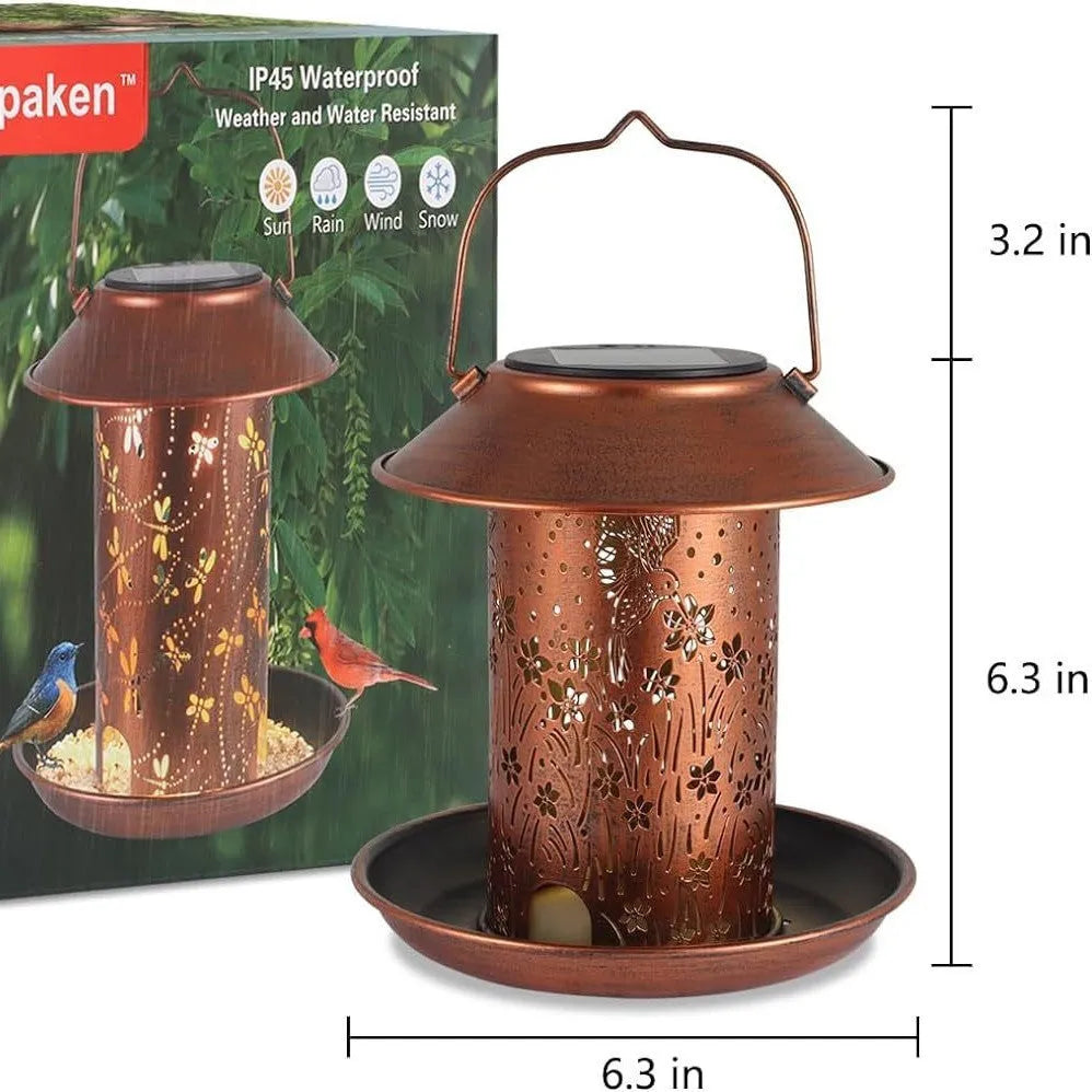 Solar-powered hummingbird patterned iron art feeder with integrated garden light